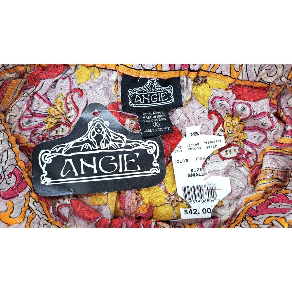 Angie Paper Bag Shorts Pink Yellow Women Small Retro Tie Belt Flower Power New - Picture 3 of 5